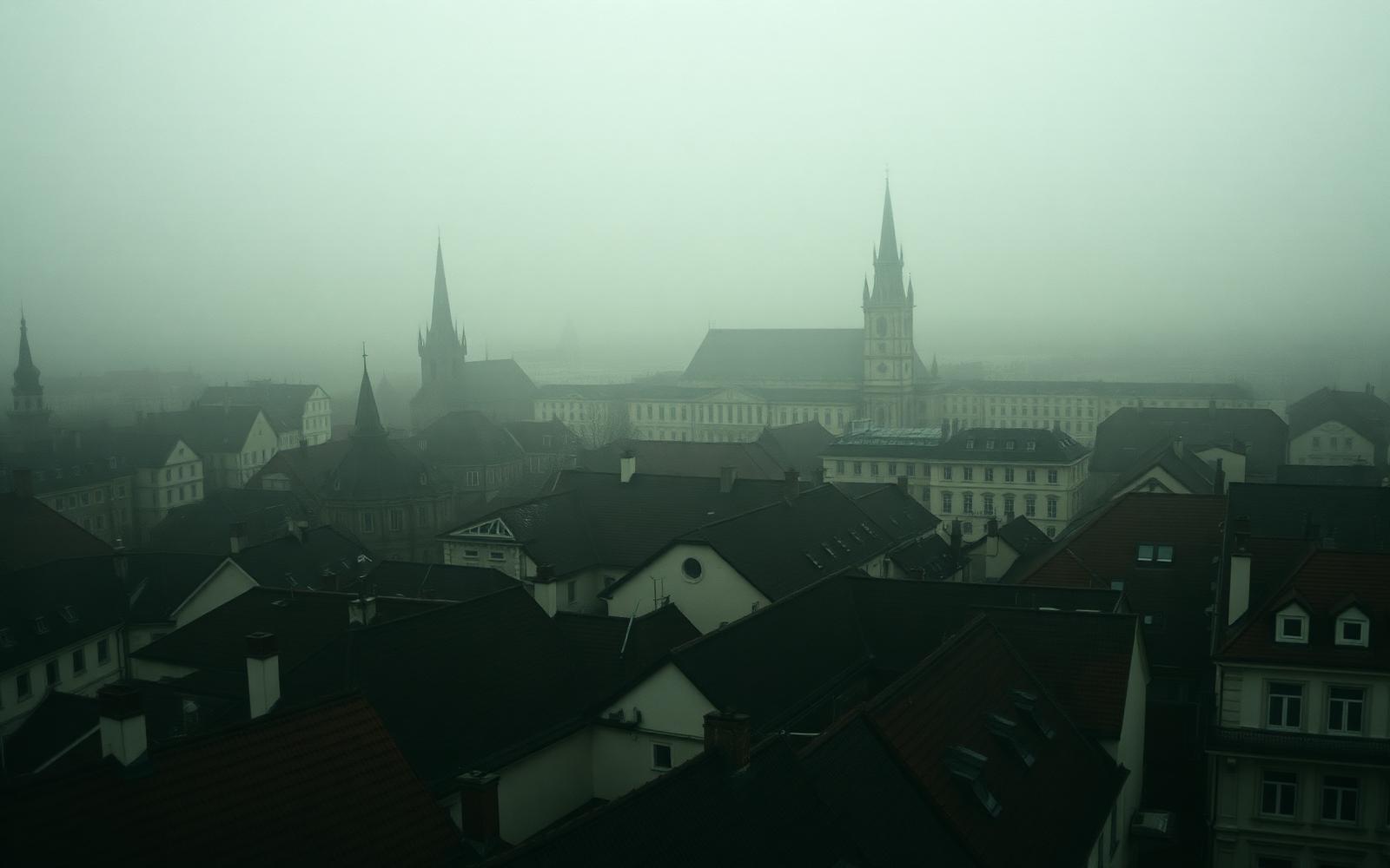 Pražské střechy a věže v ranní mlze